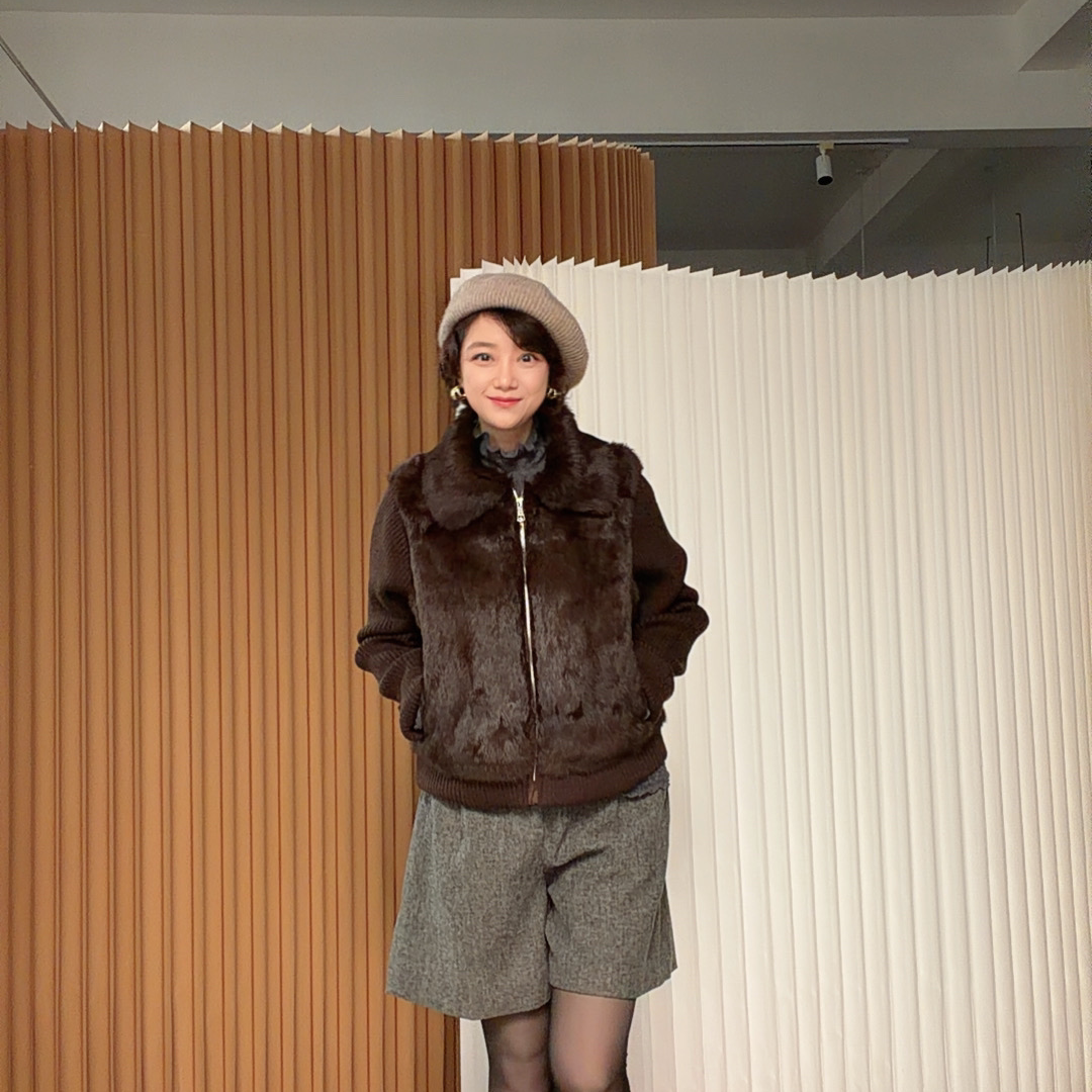 【U.M】复古翻领皮草拼接针织袖外套女 气质拉链兔毛开衫长袖
