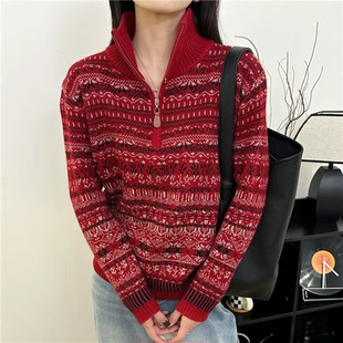 细羊毛高领撞色复古提花半拉链短款毛衣女冬装新韩系百搭针织衫潮