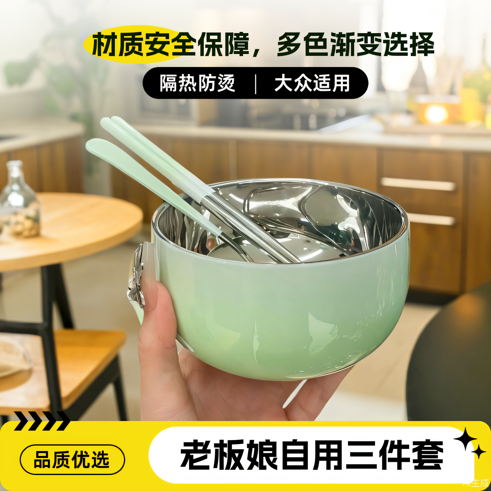 渐变色家用2025新款学生双层防烫304不锈钢吃饭碗个人专用碗