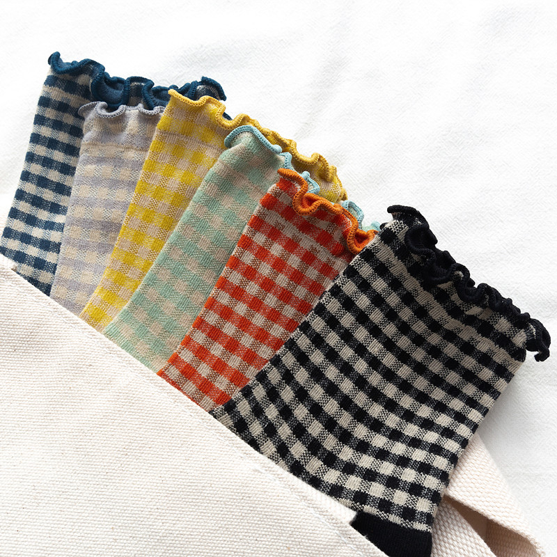 日系木耳边方格韩版中筒棉袜