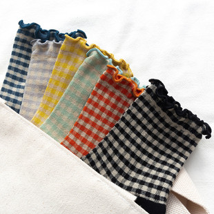 日系女袜木耳边中筒棉袜秋冬新款 学院风卷边袜 小清新方格长袜韩版