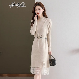 HauteQi高级感假两件春秋款收腰洋气蕾丝宽松显瘦中长款连衣裙女
