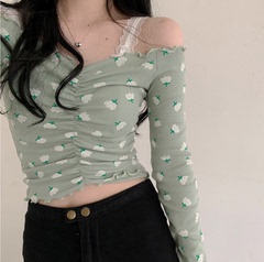 Korea early spring Mini V-neck waist chest small sexy Cotton Long Sleeve T-Shirt