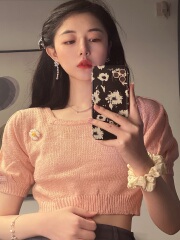 Real shot monitoring drying condensed milk orange cone ice cream white daisy short knitted T-shirt