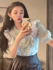 Real shot monitoring Ju meixianzi sweet beauty palace Ruffle lace splicing mint green short sleeve shirt