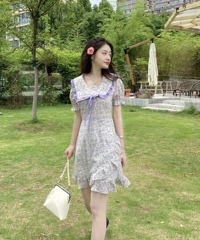 Real shot monitoring light cheese purple sweetheart flower wavy edge sweet floral dress