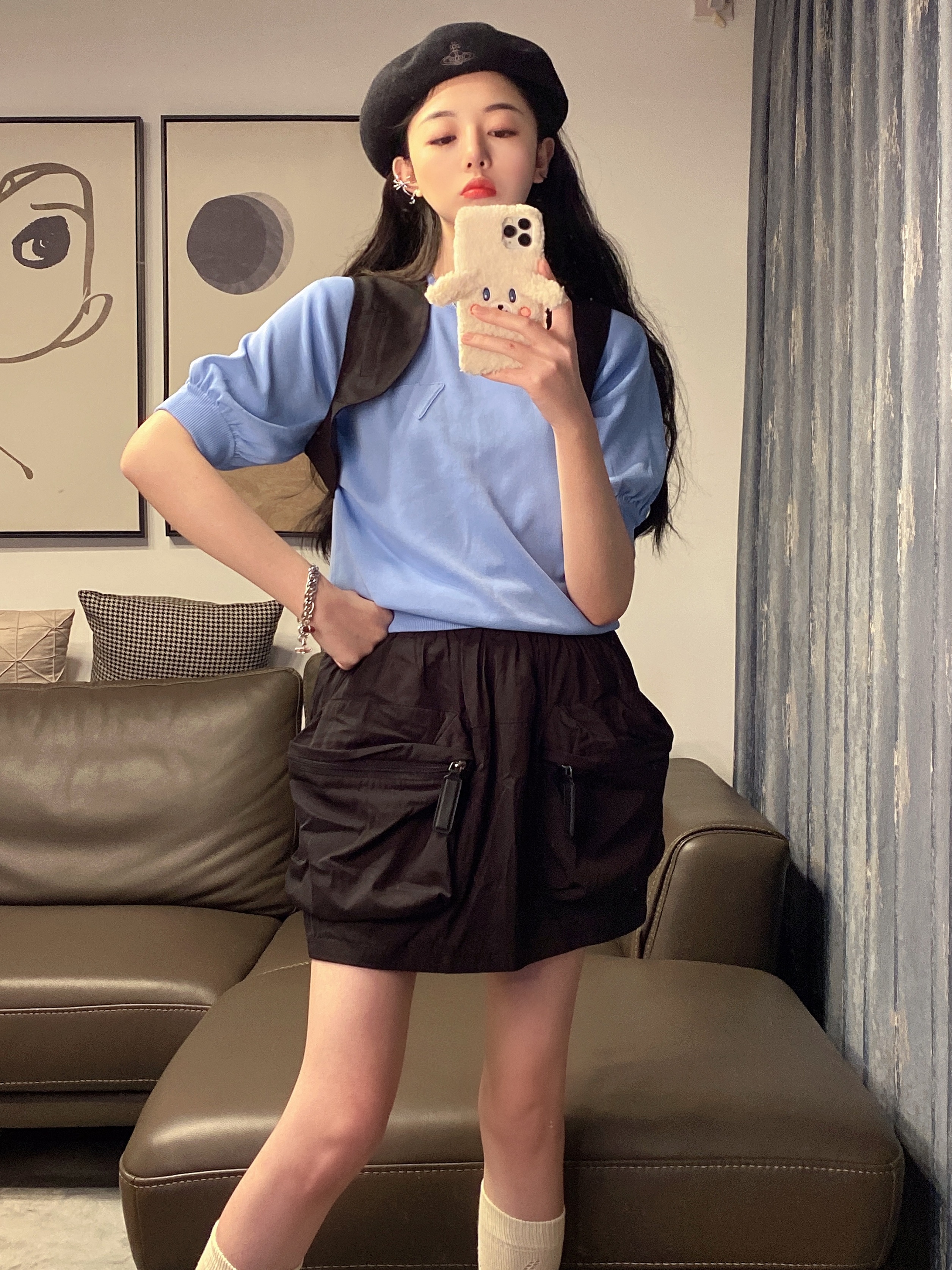 Real shot soft waffle Hin cute milk blue small jacket knitted top and work dress