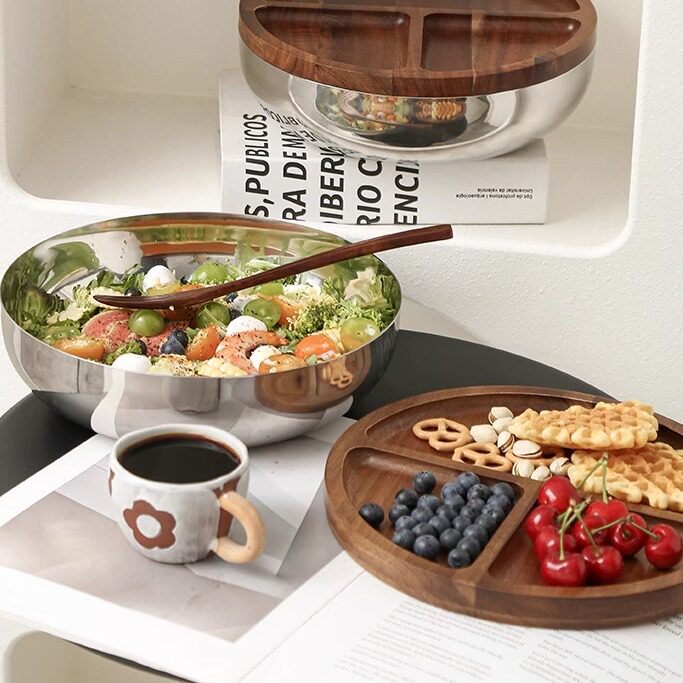 不锈钢蔬菜沙拉碗带盖胡桃木水果坚果糖果罐罐餐客厅装饰托盘