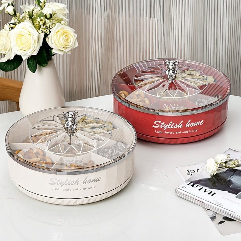 北欧ins干果盘分格旋转果盘轻奢坚果盘家用带盖糖果瓜子零食纳盒