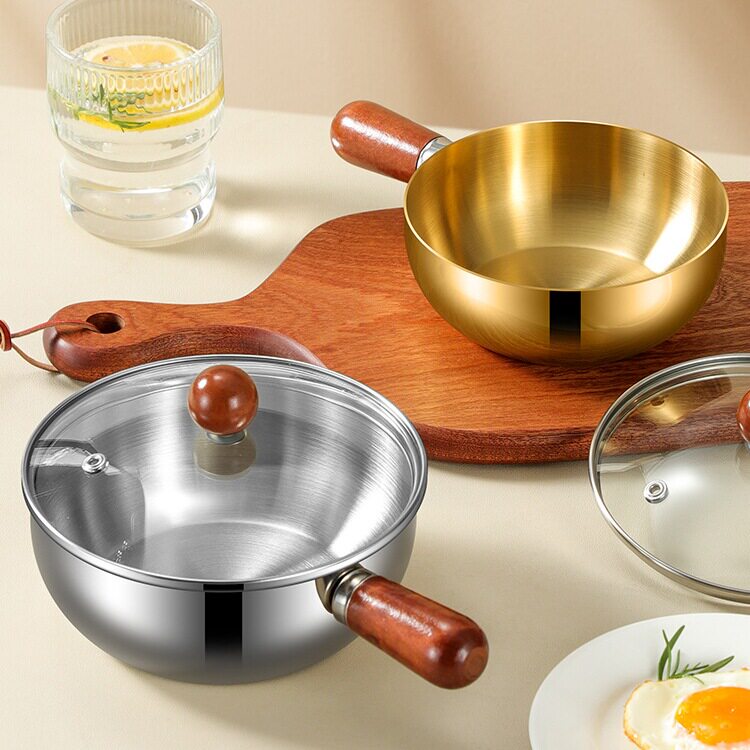 316不锈钢小奶锅日式胡桃木手柄锅无涂层一人食泡面锅小煎锅小锅