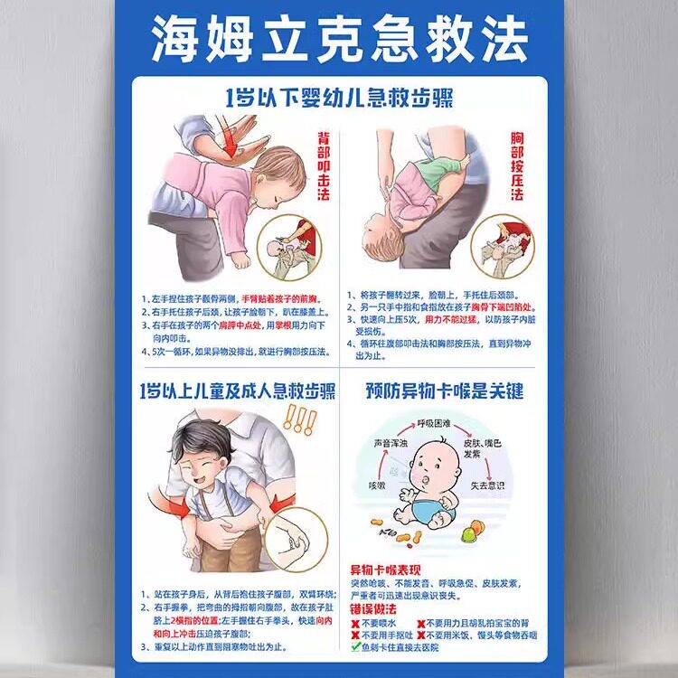 海姆立克急救法挂图婴儿呛奶抢救海报心肺复苏安全贴纸流程图知识