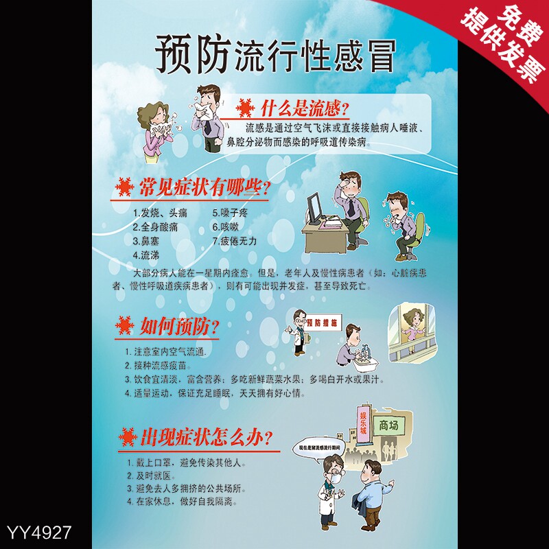 医院健康知识科普挂图 什么是流感的认知 怎么防止流行性感冒海报