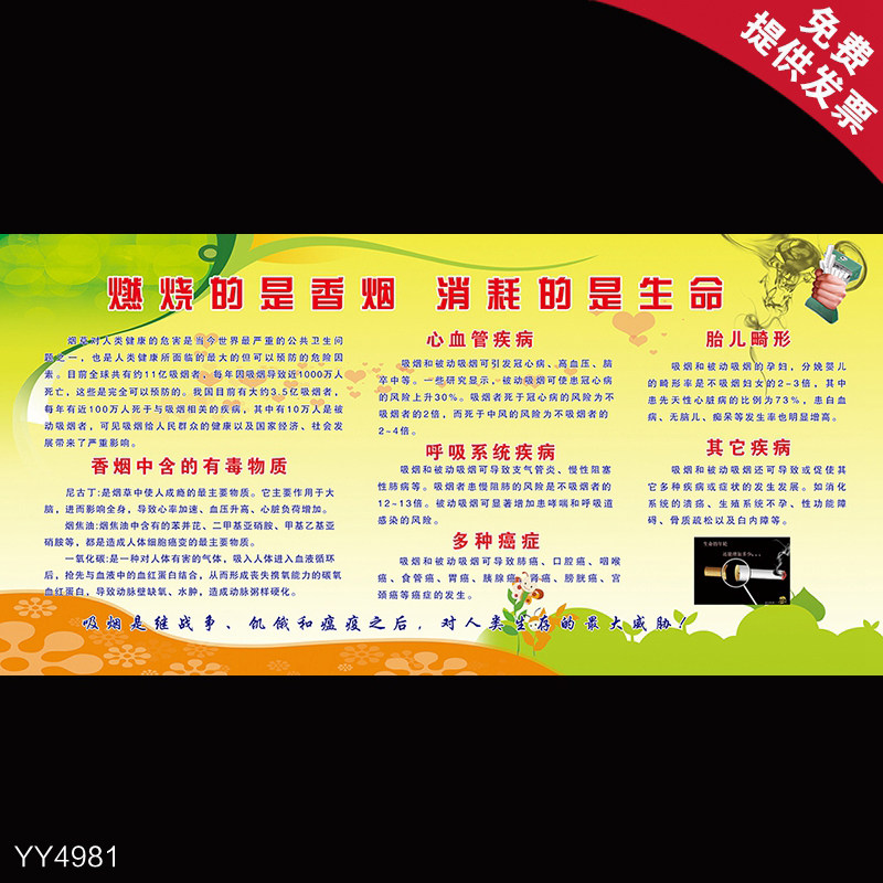 禁止吸烟文化海报 吸烟有害健康知识宣传挂图 社区健康文化墙贴图