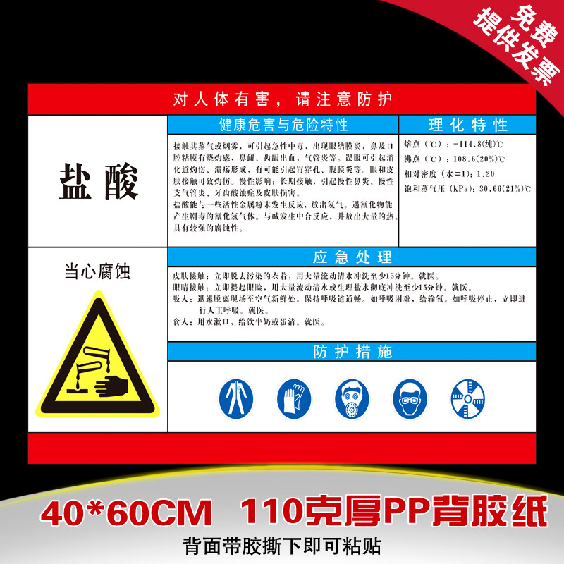 盐酸危险化学品安全周知卡职业危害告知卡 安全宣传海报挂图定制