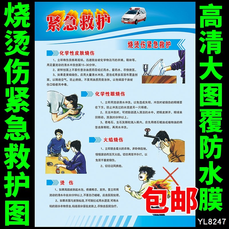 烧烫伤紧急救护科普知识海报 化学性烧伤火焰烫伤处理展板墙贴画