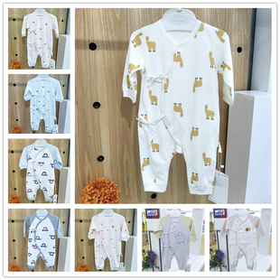 安宝儿正品新生儿婴儿连体衣春秋打底纯棉无骨爬服绑带闭裆哈衣睡