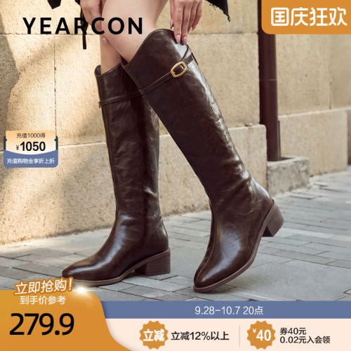 意尔康长筒靴女2026秋新款褶皱设计感小众高跟v口修饰腿型骑士靴