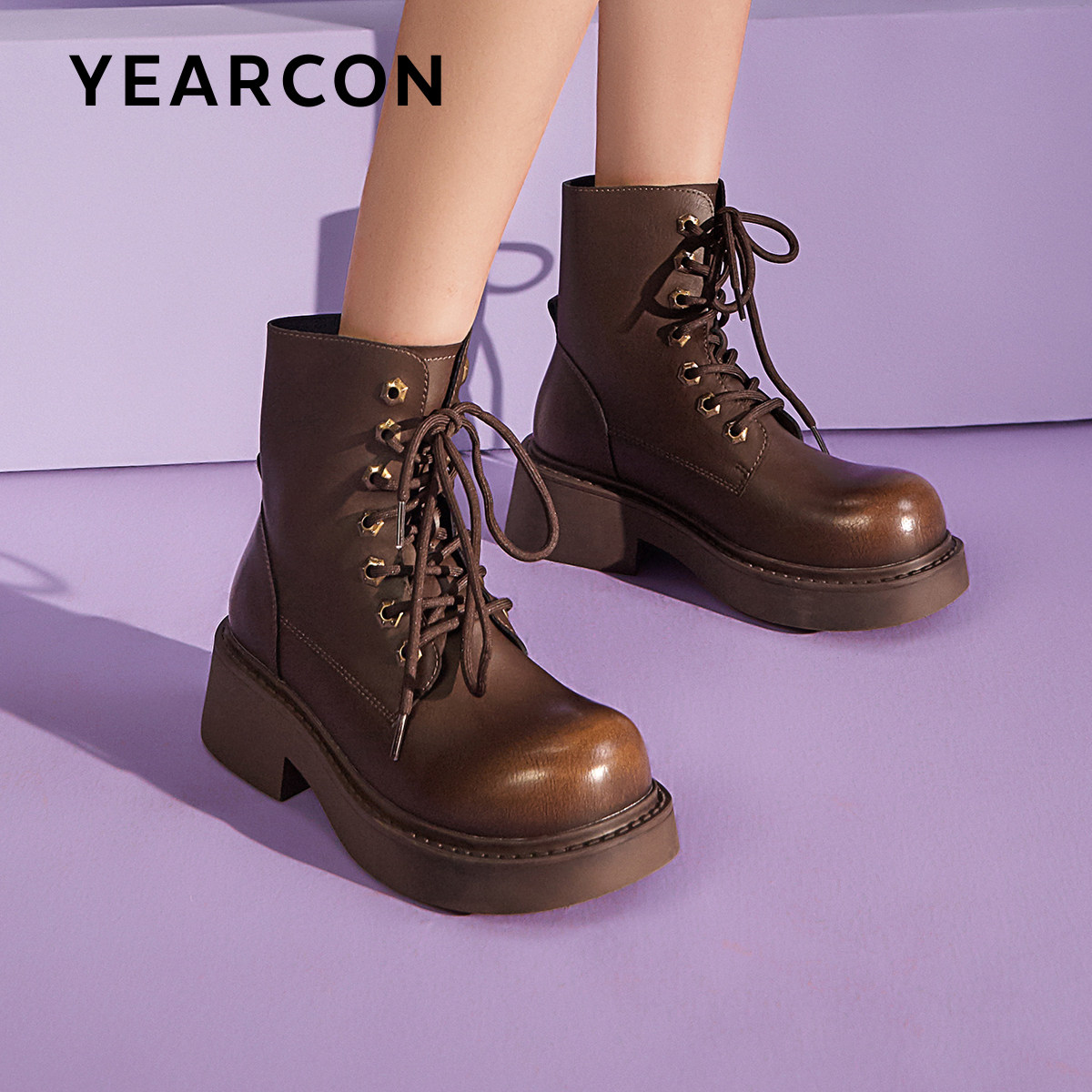 意尔康马丁靴女2025秋冬复古英伦风圆头机车靴厚底粗跟小个子短靴