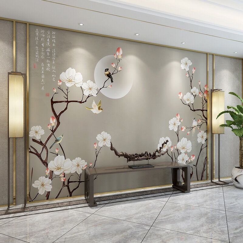 新中式墙布电视背景墙卧室客厅墙纸影视墙衣花鸟古香古色装饰壁画