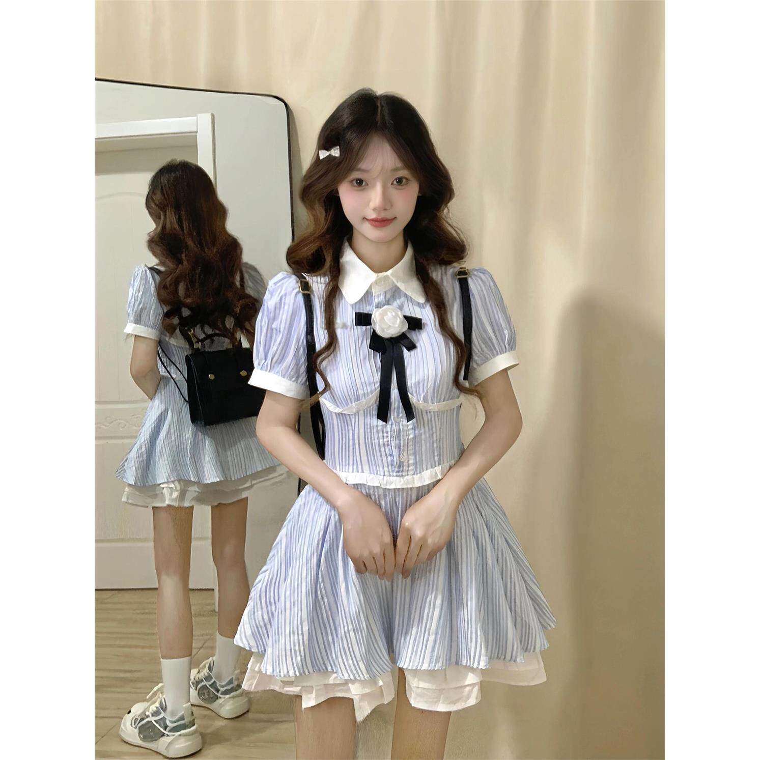 法式蓝白条纹衬衫领连衣裙女夏季清纯少女公主裙收腰蛋糕蓬蓬裙子