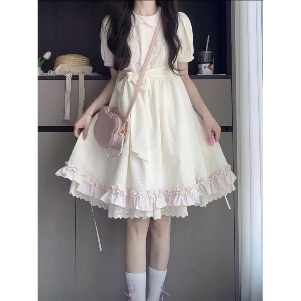 法式初恋温柔风娃娃领连衣裙女夏季新款蝴蝶结绑带收腰公主蓬蓬裙