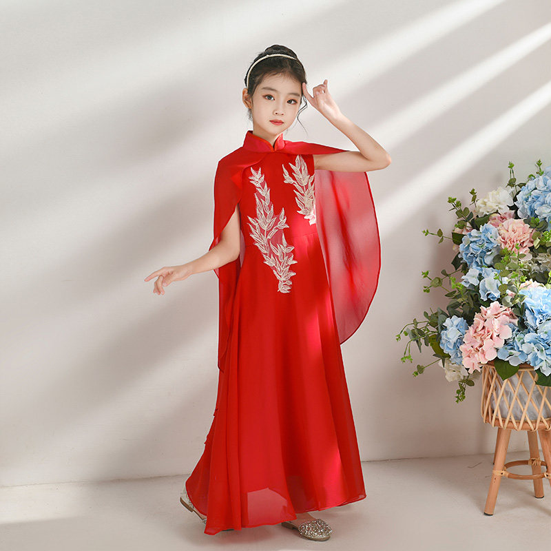 古筝比赛演出服女童红色主持人大童表演服中国风儿童民乐演奏礼服