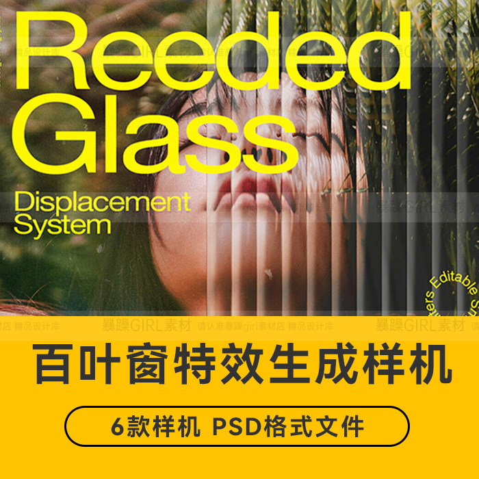 创意潮流艺术海报图照片3D磨砂玻璃百叶窗位移特效处理样机PS素材