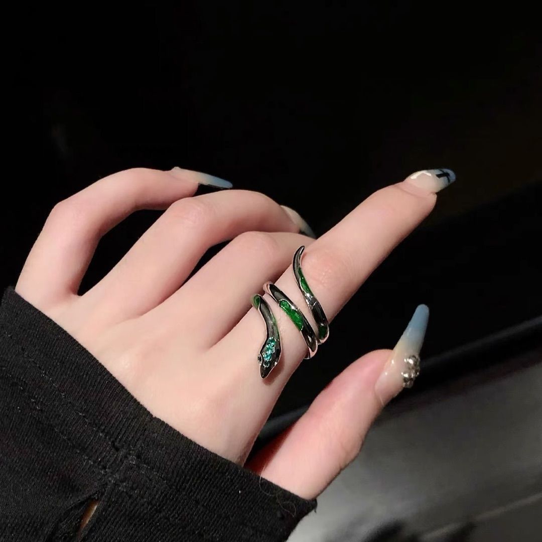 斯莱特林绿灵蛇ins暗黑风高级感锆石开口戒指女个小众设计法式
