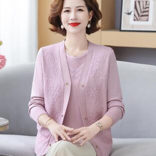 2025妈妈秋装针织两件套薄款开衫外套中老年女春秋季短袖T恤套装