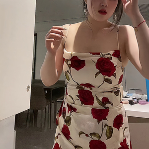 大码纯欲风性感玫瑰吊带连衣裙+开衫女春夏氛围感显瘦花色长裙子