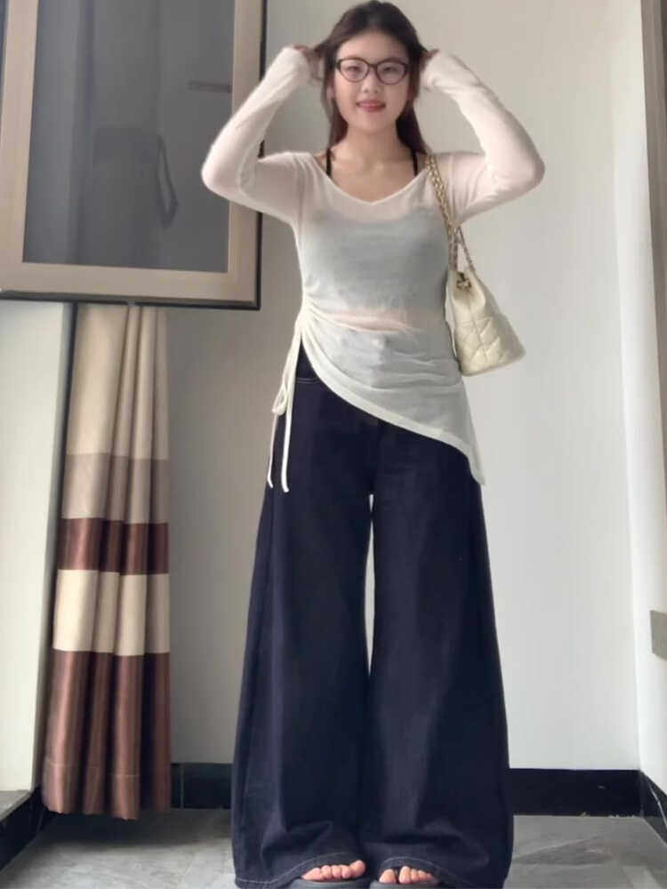 대형 지방 MM 2024 얇은 긴팔 여름 자외선 차단 마이크로 투명 슬림 핫 소녀 불규칙한 바닥 셔츠 탑