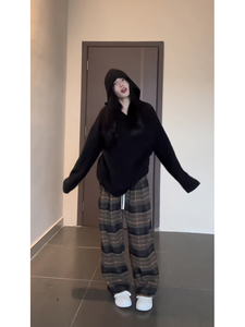 大码胖mm秋装搭配一整套韩系连帽长袖卫衣+格子高腰休闲裤两件套