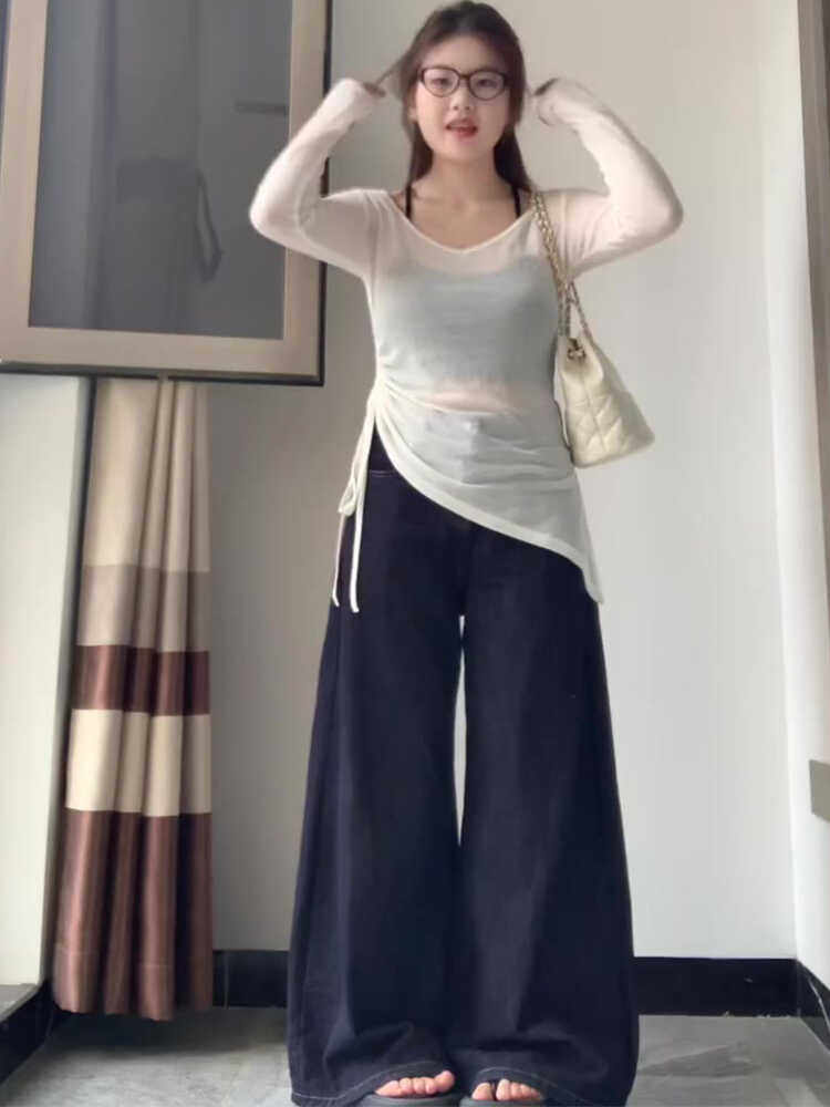 대형 지방 MM 2024 얇은 긴팔 여름 자외선 차단 마이크로 투명 슬림 핫 소녀 불규칙한 바닥 셔츠 탑