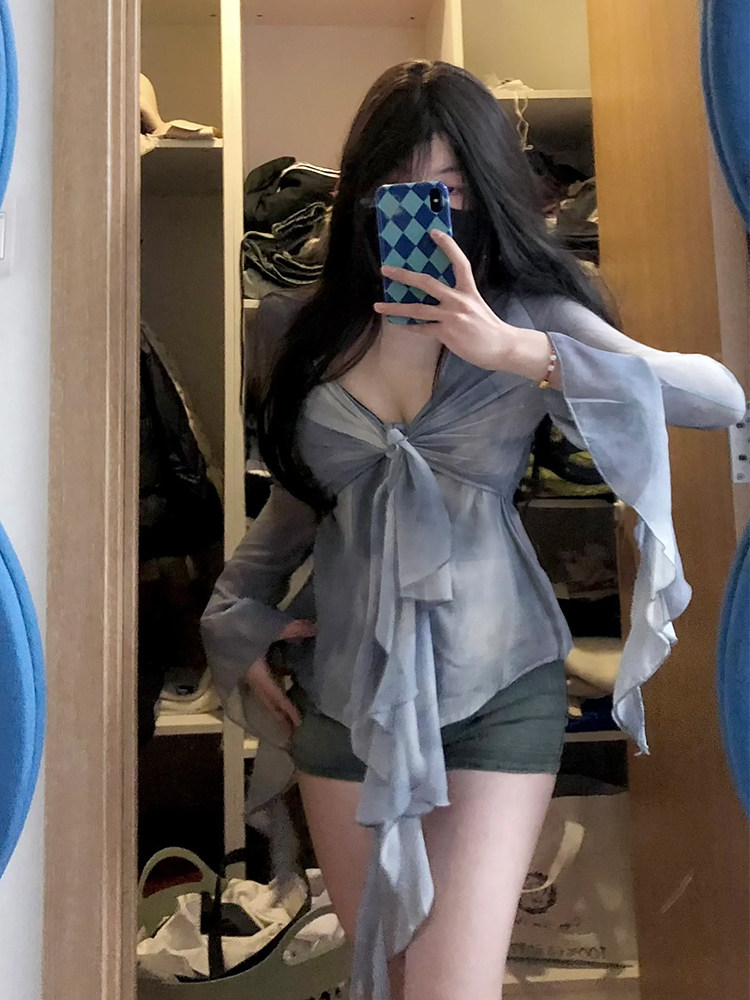 대형 지방 MM 그라데이션 타이 염색 러플 리본 벨 슬리브 셔츠 V 넥 2024 가을 긴팔 쉬폰 셔츠 탑