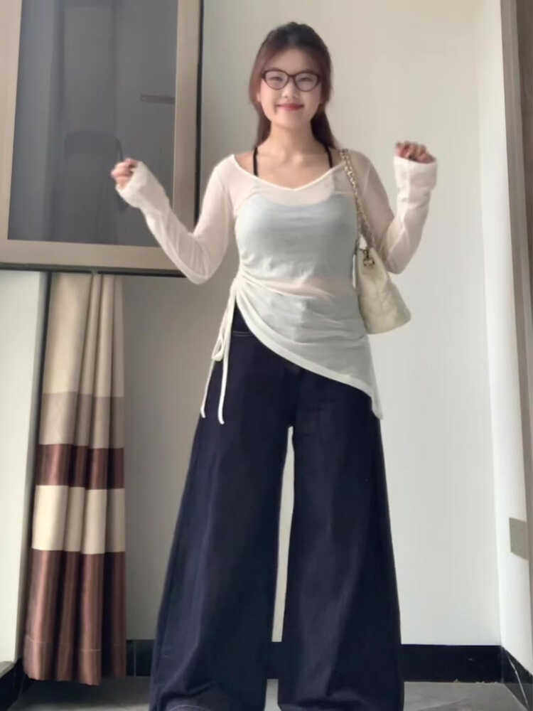 대형 지방 MM 2024 얇은 긴팔 여름 자외선 차단 마이크로 투명 슬림 핫 소녀 불규칙한 바닥 셔츠 탑
