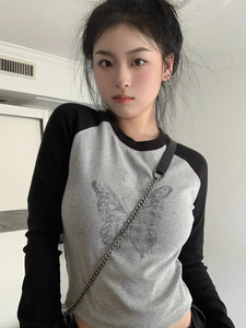 大码胖mm美式辣妹风印花插肩长袖t恤女秋季修身显百搭打底衫上衣