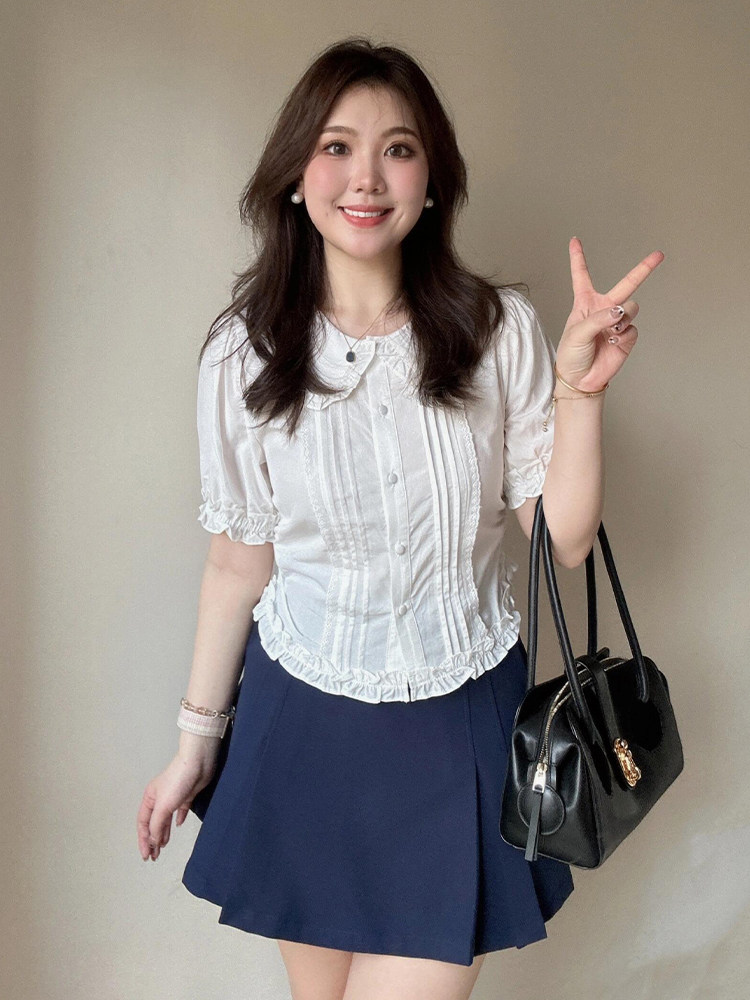 플러스 사이즈 지방 MM 여름 짧은 흰색 인형 칼라 반팔 셔츠 2024 새로운 틈새 프렌치 퍼프 슬리브 탑