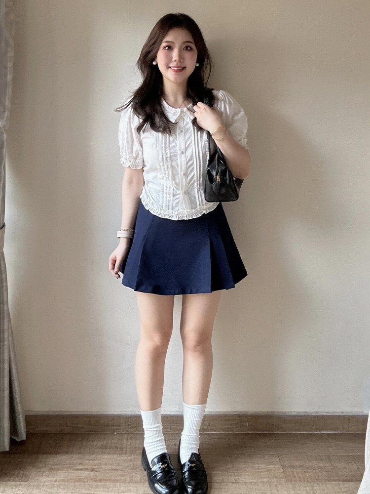 플러스 사이즈 지방 MM 여름 짧은 흰색 인형 칼라 반팔 셔츠 2024 새로운 틈새 프렌치 퍼프 슬리브 탑