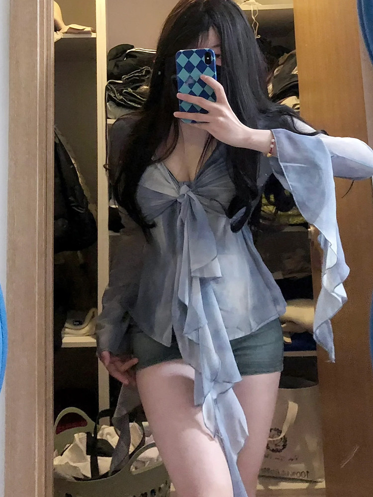 대형 지방 MM 그라데이션 타이 염색 러플 리본 벨 슬리브 셔츠 V 넥 2024 가을 긴팔 쉬폰 셔츠 탑