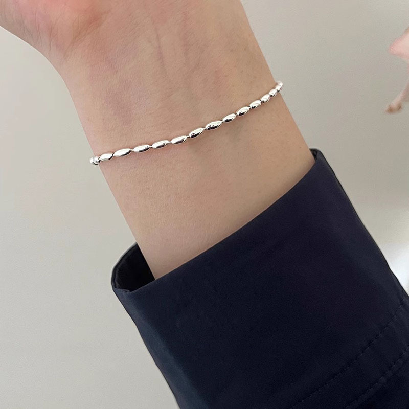 s925纯银米粒橄榄手链女轻奢高级感小众设计简约百搭光面米珠手饰