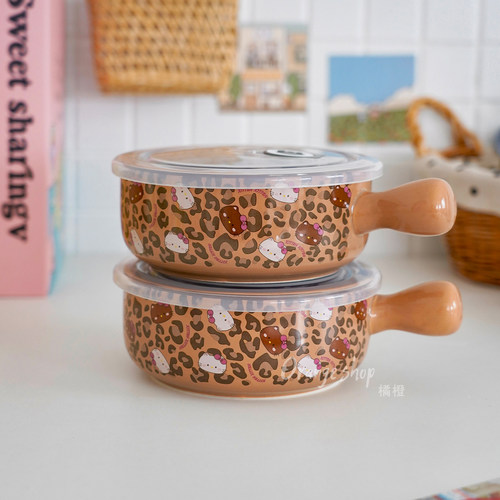 橘橙ins卡通凯莉豹纹陶瓷碗可爱Kitty带盖饭碗餐具学生宿舍泡面碗