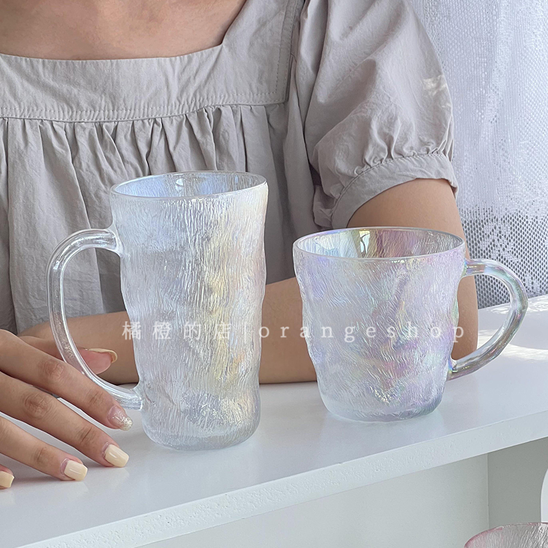 带把手冰川纹玻璃杯ins家用水杯