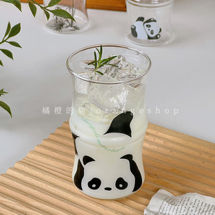 橘橙*小众设计萌趣熊猫竹节高透玻璃杯牛奶早餐杯饮品杯果汁杯子