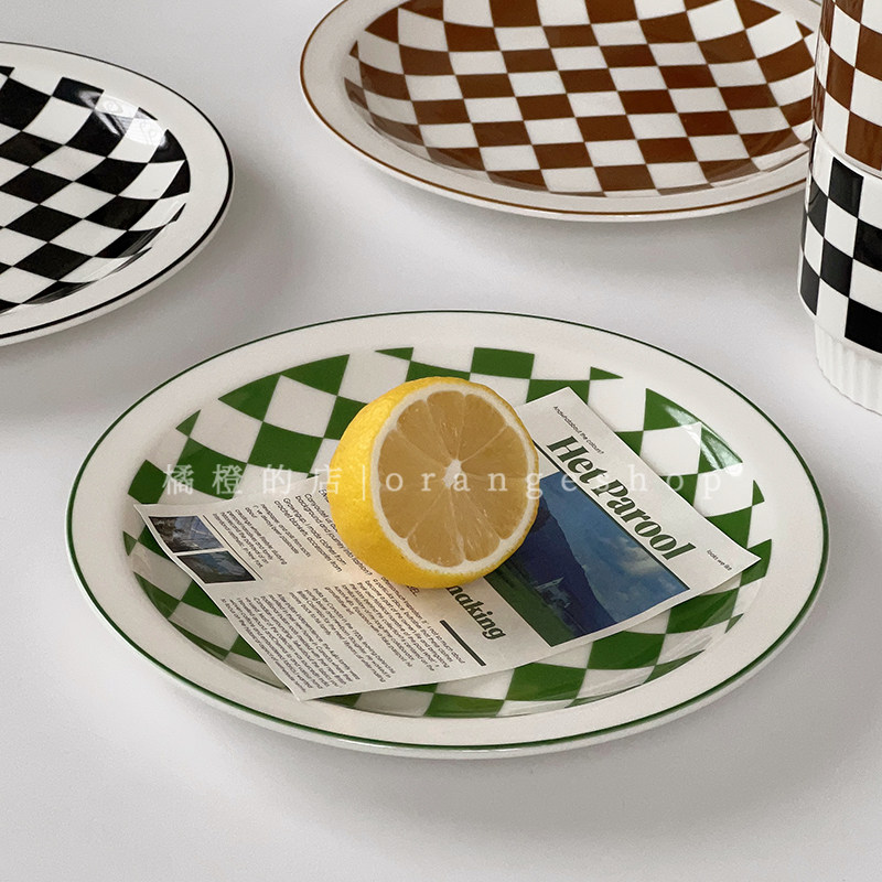 ins简约棋盘格三色陶瓷圆盘餐具餐厅西餐盘牛排意面盘家用菜盘子,餐饮具,盘,淘宝优惠券,粉丝福利购,淘宝优惠卷