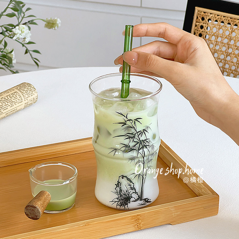 橘橙*高级感新中式玻璃水墨杯ins风竹节杯喝水杯茶杯拿铁杯,餐饮具,玻璃杯,淘宝优惠券,粉丝福利购,淘宝优惠卷