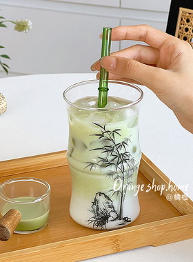 橘橙*高级感新中式玻璃水墨杯ins风竹节杯喝水杯茶杯拿铁杯