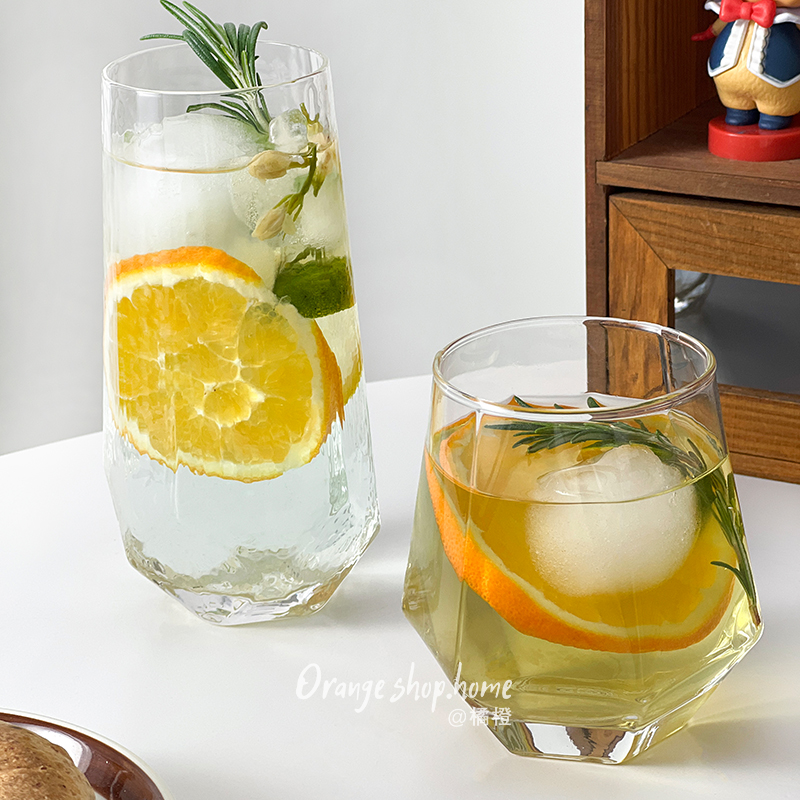 橘橙玻璃菱角锤纹杯家用饮料杯
