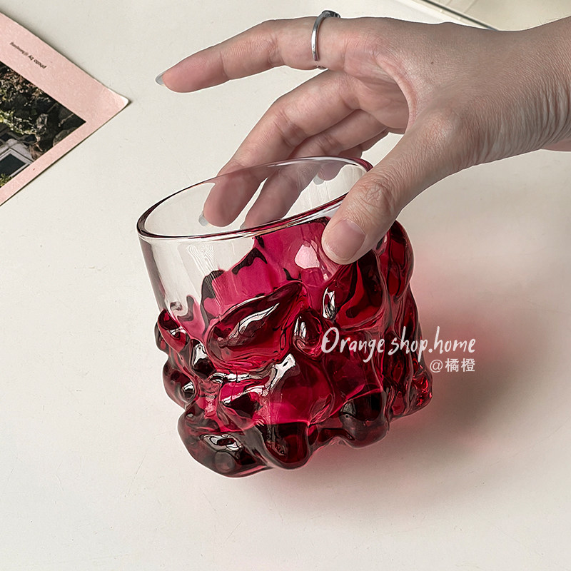 创意亮光玫红玻璃喝水杯家用高颜值复古威士忌杯饮品杯美式咖啡杯