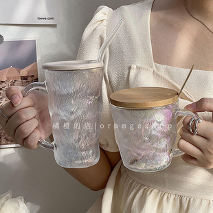 带把手冰川纹玻璃杯带盖磨砂高级感ins风高颜值杯子女家用喝水杯