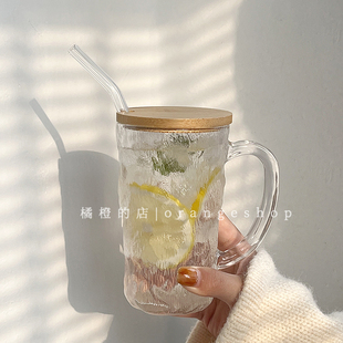 *橘橙*ins带把带盖雨雾杯女生玻璃杯高颜值水果啤酒杯磨砂复古
